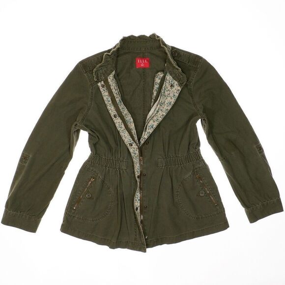 Elle Military Jacket Size M Womens Army Green Distress Full Zip Elastic Waist - Picture 3 of 11